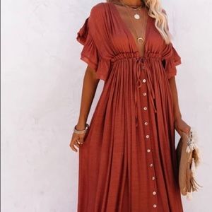 ANIKA POCKETED BUTTON DOWN RUFFLE MAXI DRESS